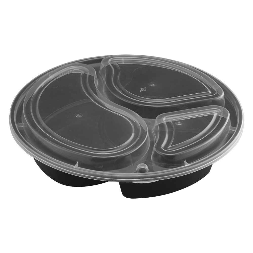 TY-R345 / RDCT345 - 45oz Round Microwaveable Container with Lid 3-compartment, 150 Sets (50/6)