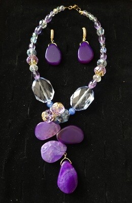 Necklace and Earrings with Purple Agates and Glass Crystals