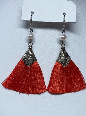 Red Alloy Cap Earrings Tassels Dangle Charm with White Pearl
