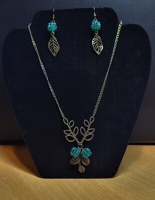 Brass Nickel Free Leaves with handmade Teal Balls Necklace &amp; Earrings