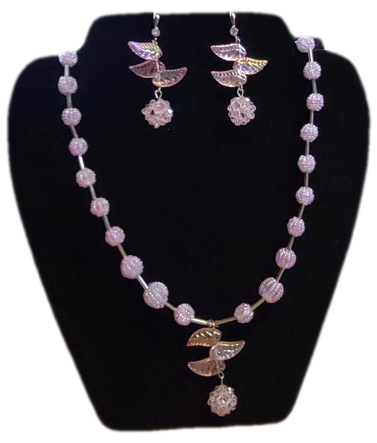 Necklace &amp; Earrings Set with Pink handmade Seed Beads Balls &amp; Leaves