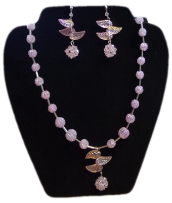 Necklace & Earrings Set  with  Pink  handmade Seed Beads Balls & Leaves