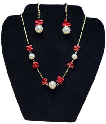 Necklace &amp; Earrings Set with Red Corals &amp; Pearls.