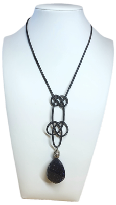 Necklace with Black Leather Knots and Shiny Navy Color Gemstone