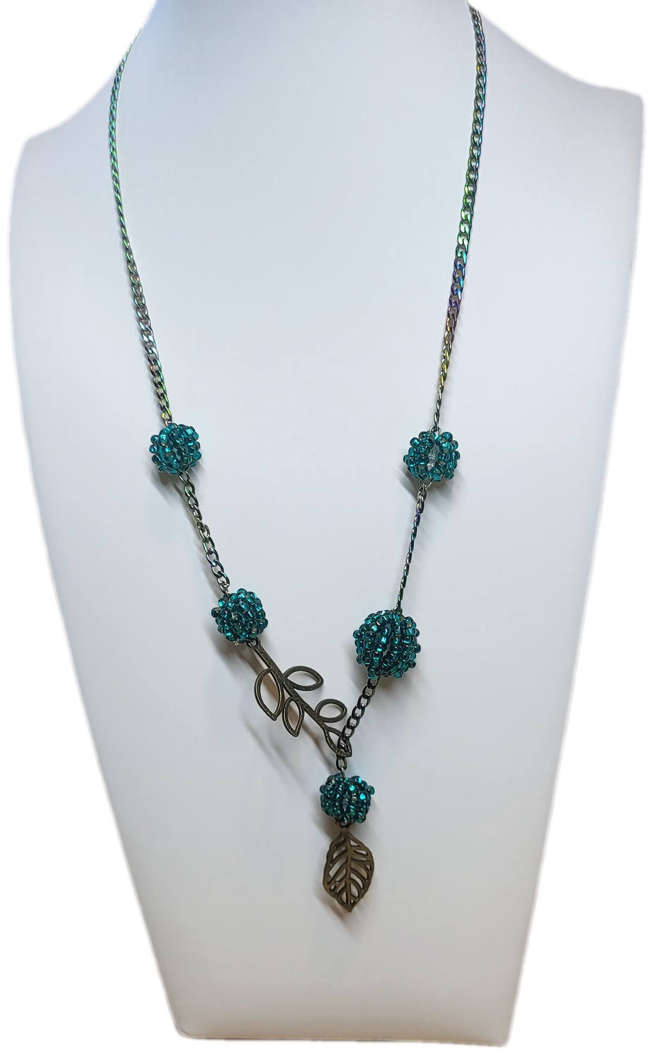 Rainbow Necklace with handmade Teal Color Glass Beads &amp; Leaves