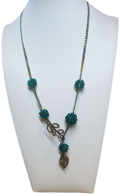 Rainbow Necklace with handmade Teal Color Glass Beads & Leaves