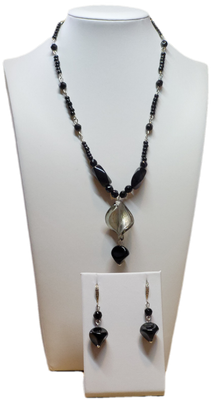 Necklace & Earrings Set with Black  Onyx and Glass Beads.