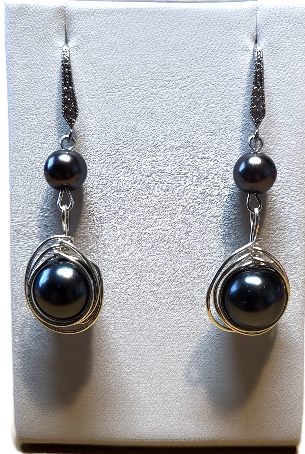 Dark Gray  Imitation Pearl Earrings ,wrapped with Silver Copper Wire, Tarnish Free