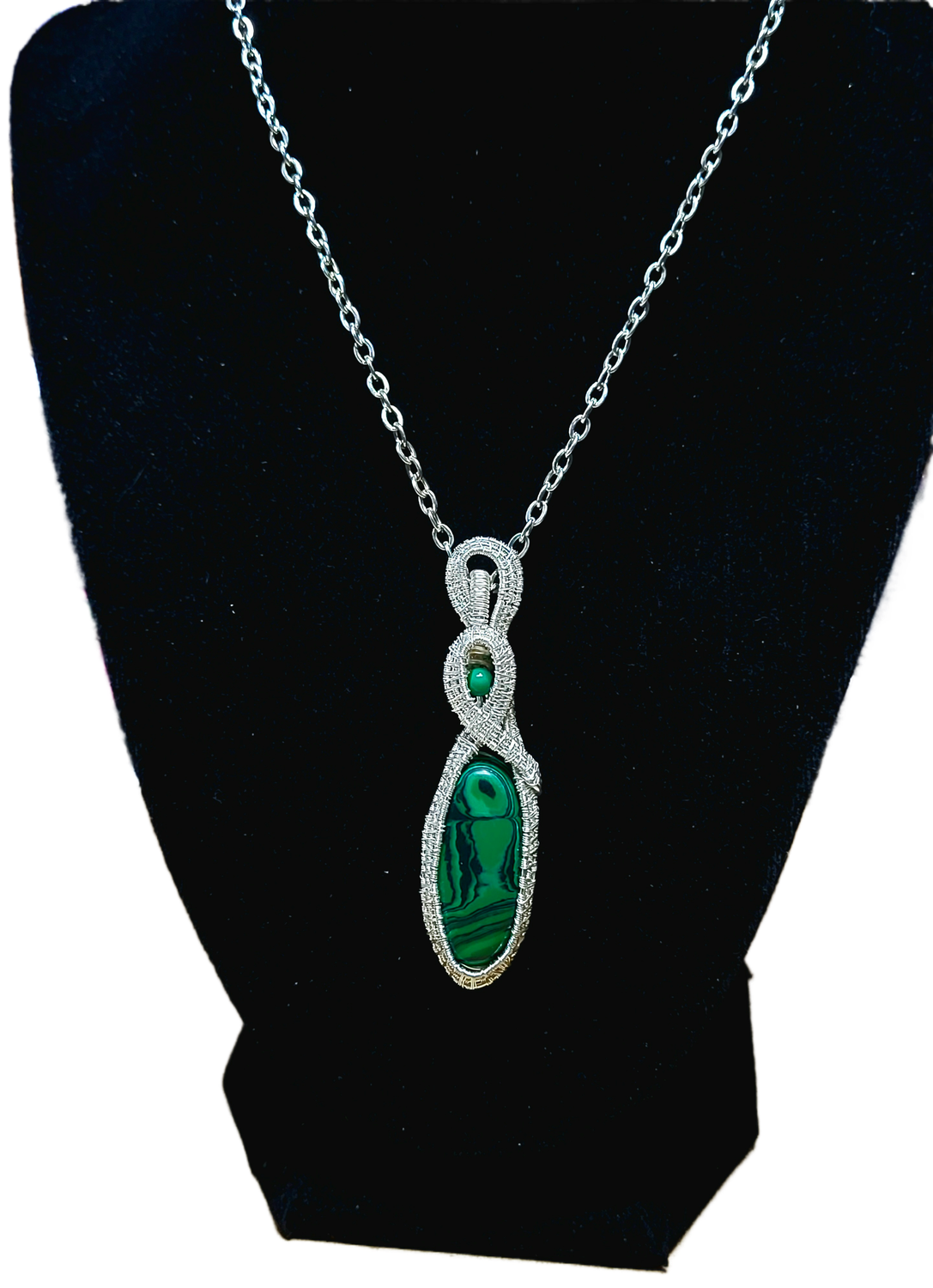 Natural Malachite wrapped with  Silver plated Copper Wire.