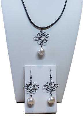 White Faux Pearl Swirl Pendant with black Leather Cord &amp;  Earrings with white faux Pearls