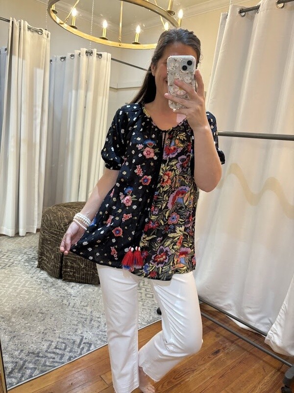 Tie Neck Mixed Print Blouse