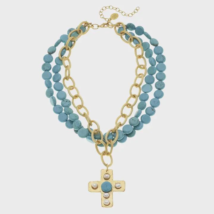 Multi Strand Turquoise w Gold Cross
