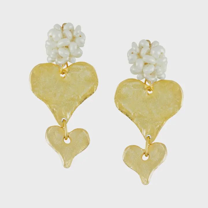 Gold Handcast Hearts w Freshwater Pearl Cluster Earrings