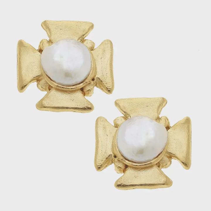 Gold Cross w Freshwater Pearl Drop Earrings