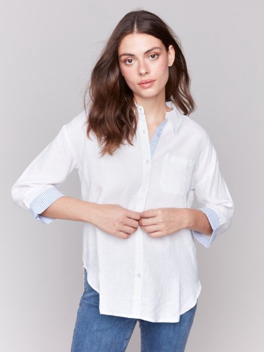 Linen Button Front w Cuff Accents
