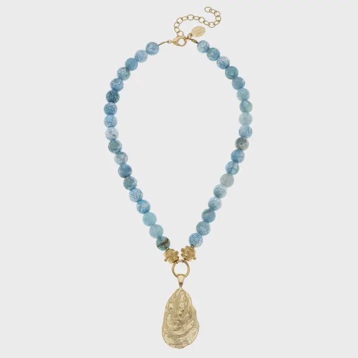 Gold Oyster Shell On Aqua Necklace