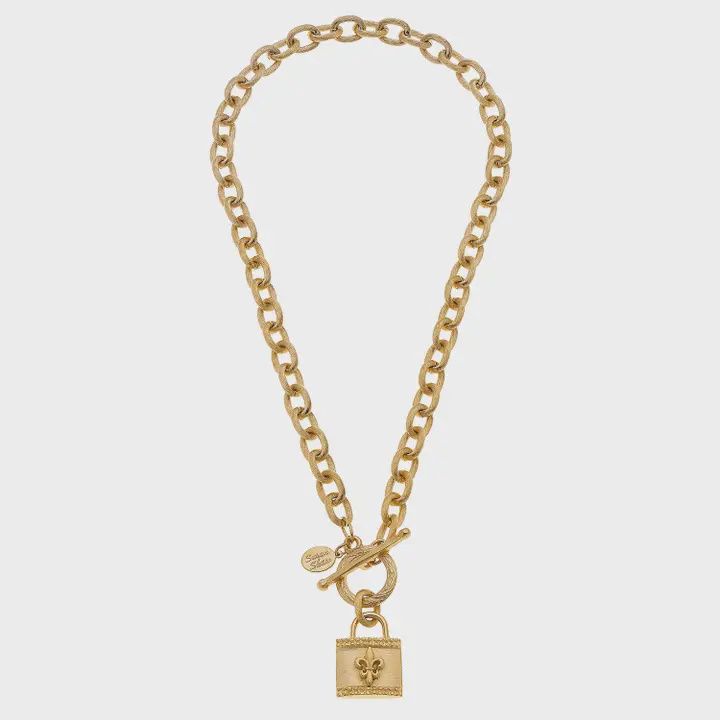 Gold Fleur De Lis Lock Chain Toggle Necklace