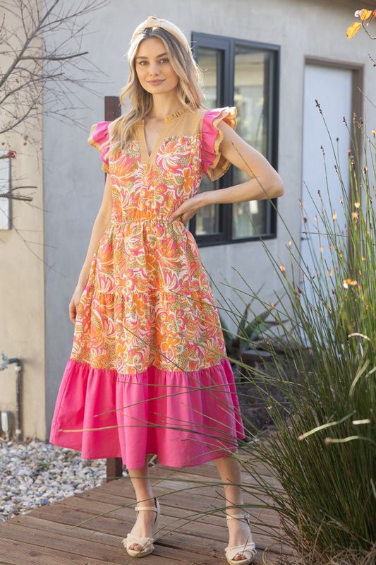 Ruffle Sleeve Floral Woven Maxi Dress
