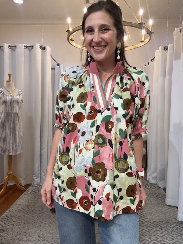 Floral Print Split Neck Top