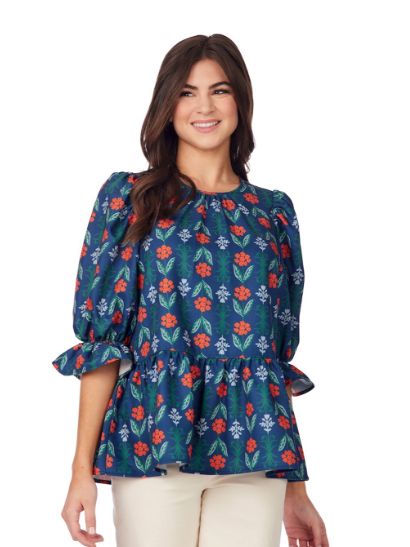 Navy Floral Pierce Flounce Top