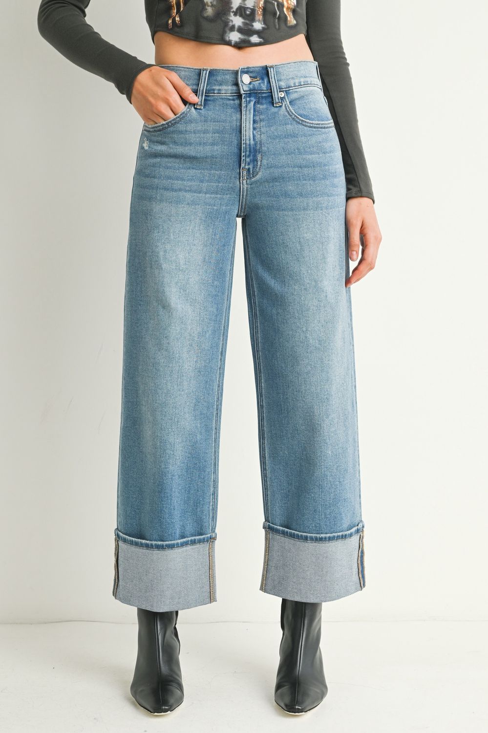 Ankle Cut Cuff Slim Wide Leg  Jean