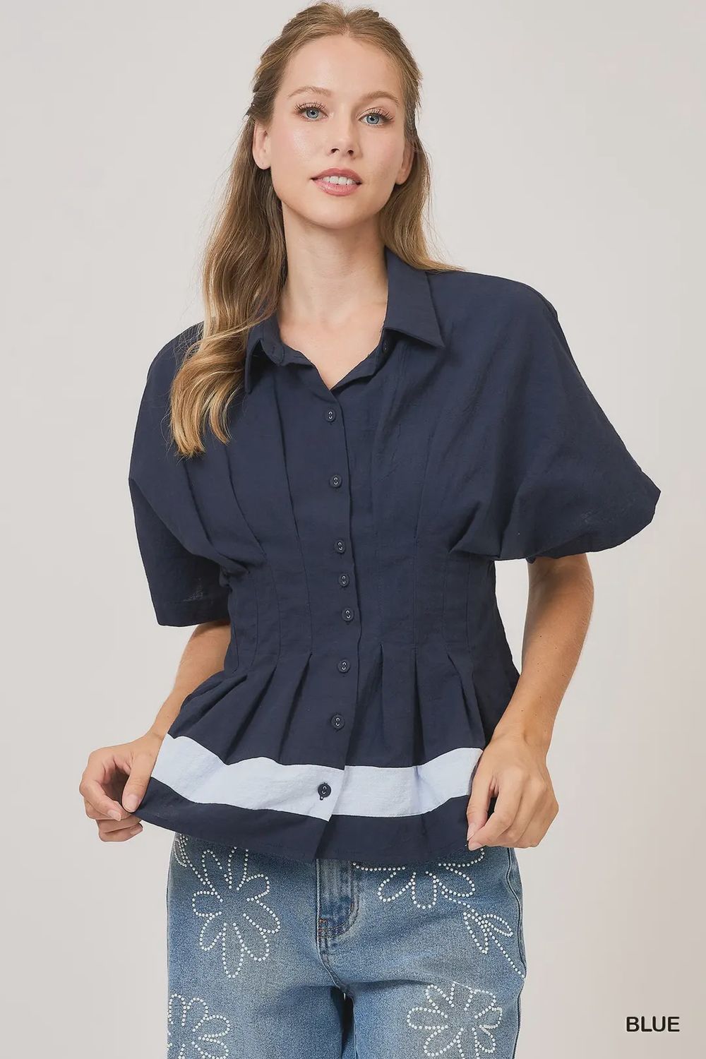 Pleated Navy Contrast Blouse