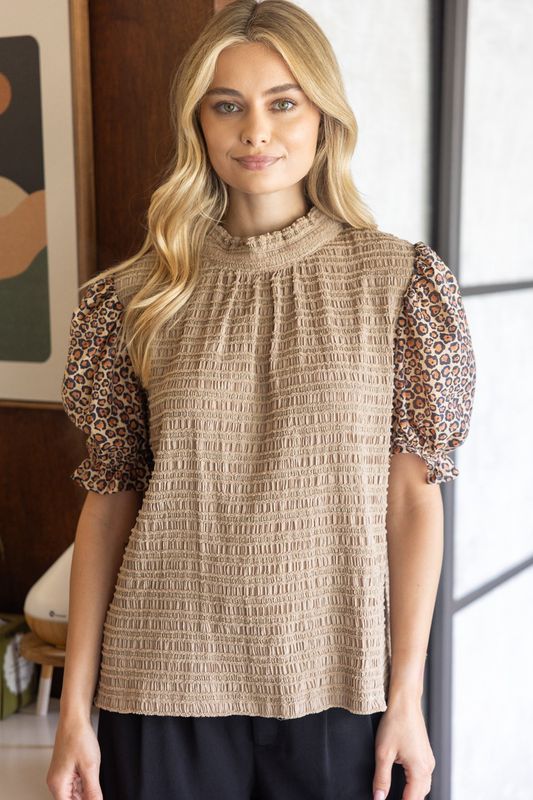 High Neck Leopard Accent Blouse