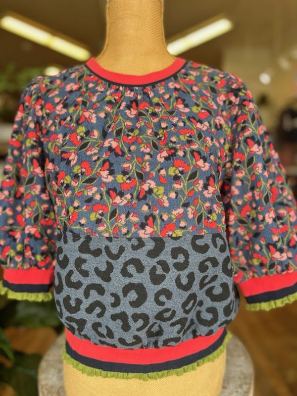 Stripe Ruffeld Detail Floral Mixed Print Top