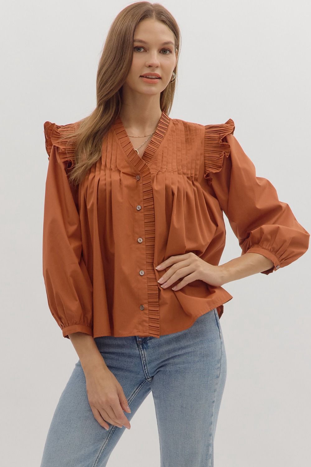 Pleated Ruffle Shoulder Blouse