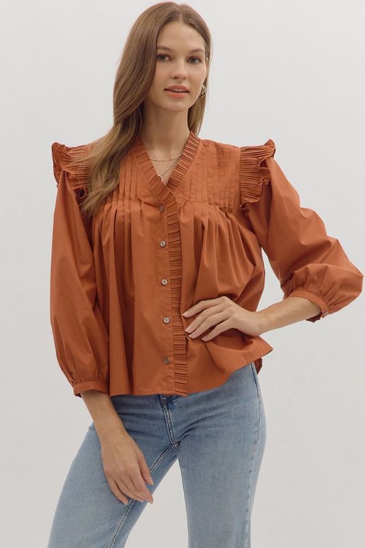 Pleated Ruffle Shoulder Blouse