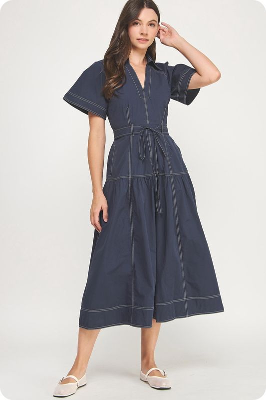 Top Stitch Detail Poplin Dress