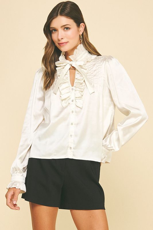 Silky Button Front Ruffle Blouse