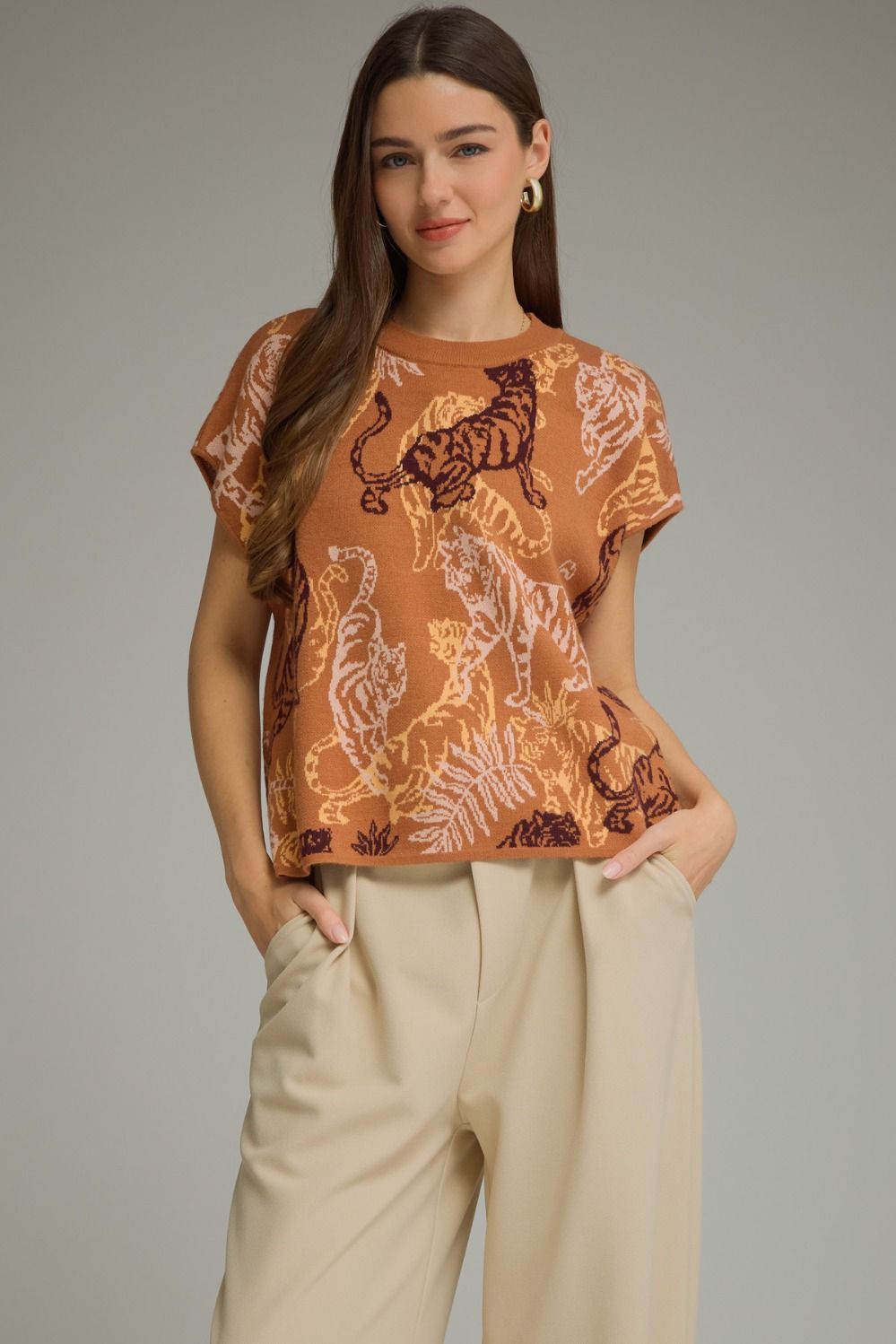 Tiger Print Cap Sleeve Sweater