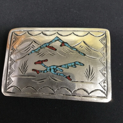 Vintage Sterling Silver And Inlay Zuni Artist Signed Belt Buckle