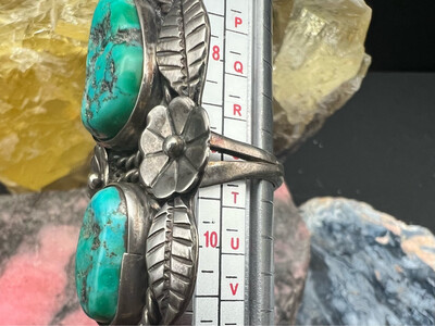 Vintage Native American Signed Sterling Silver Turquoise Double Flower Ring Size 9