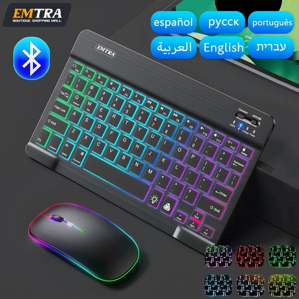 For iPad Backlit Backlight Bluetooth Keyboard Mouse For IOS Android Windows Portuguese Arabic Russian Spanish keyboard and Mouse
