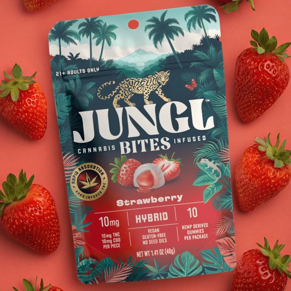 Jungle Bites Hybrid Strawberry Gushers 10mg THC-10mg CBD -10 Pack