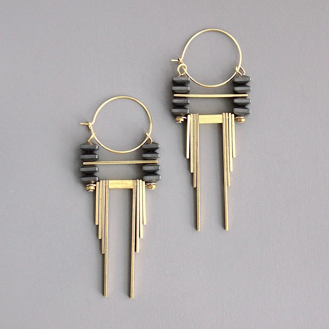 Artdeco Hematite and Brass Hoop Earrings