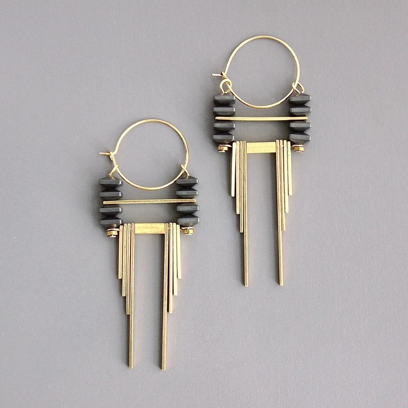 Artdeco Hematite and Brass Hoop Earrings