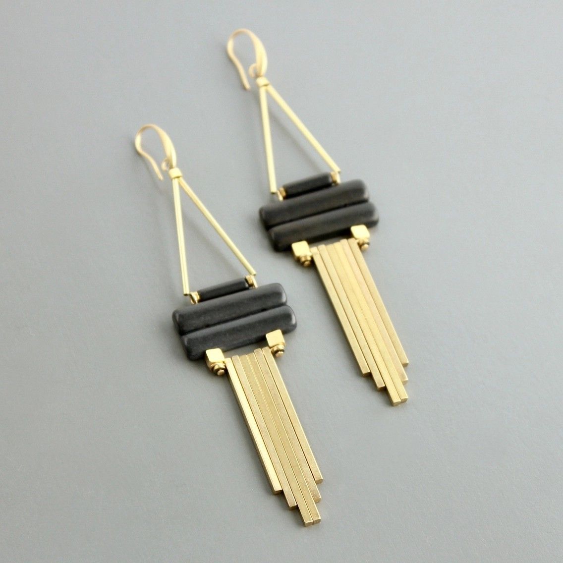 Geometric Black Magnesite and Brass Earrings