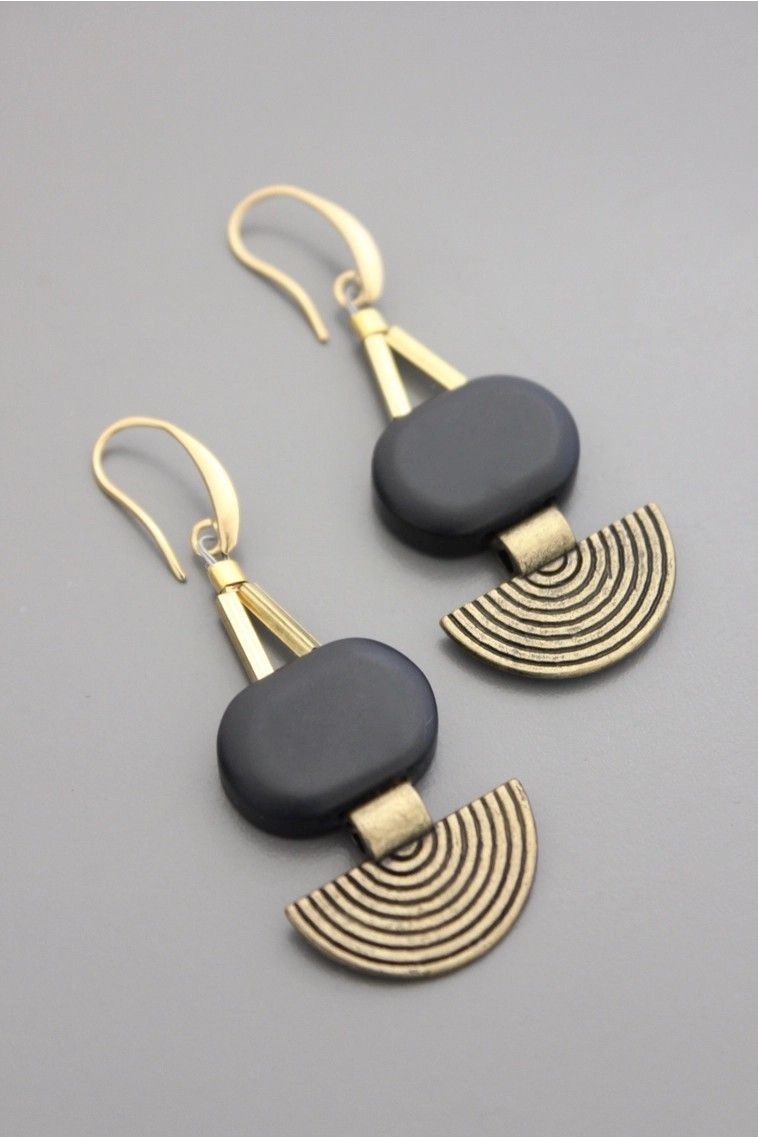 Gold hook earrings with black agate and brass