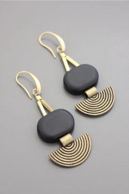 Gold hook earrings with black agate and brass