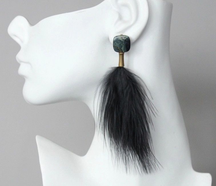 Jasper, brass, and black feather Earrings