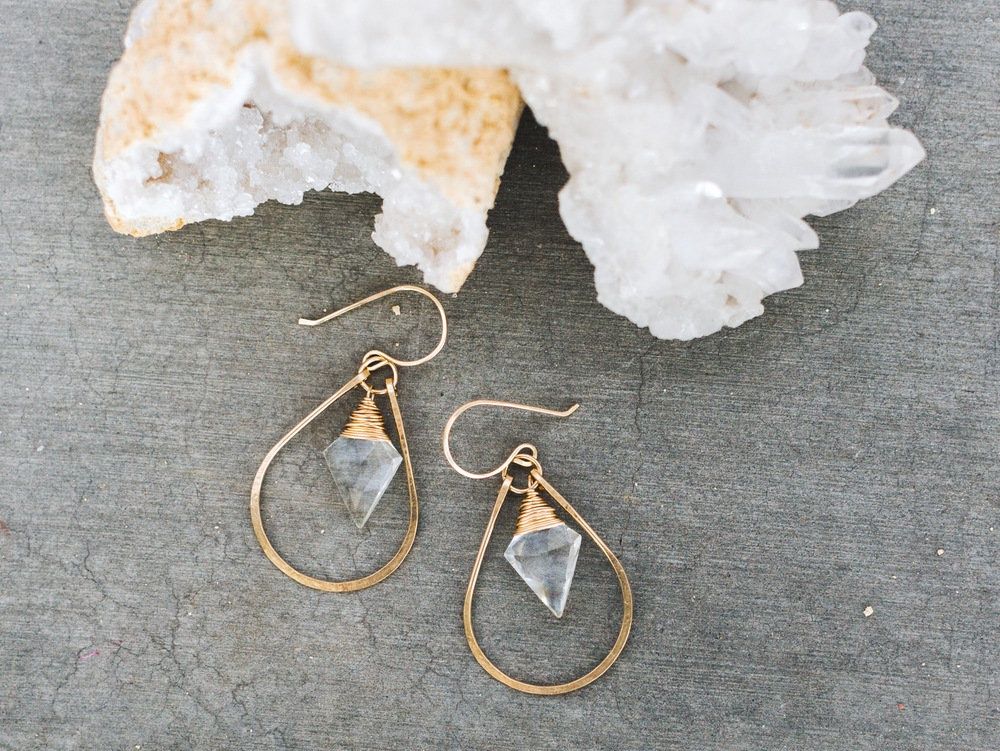 Arrow Hoops - Crystal Quartz Earrings, Material: Gold Fill