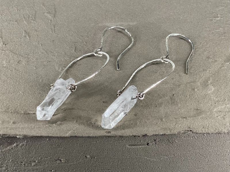 Half loop drop Earrings with Clear Crystal Quartz and /sterling Silver