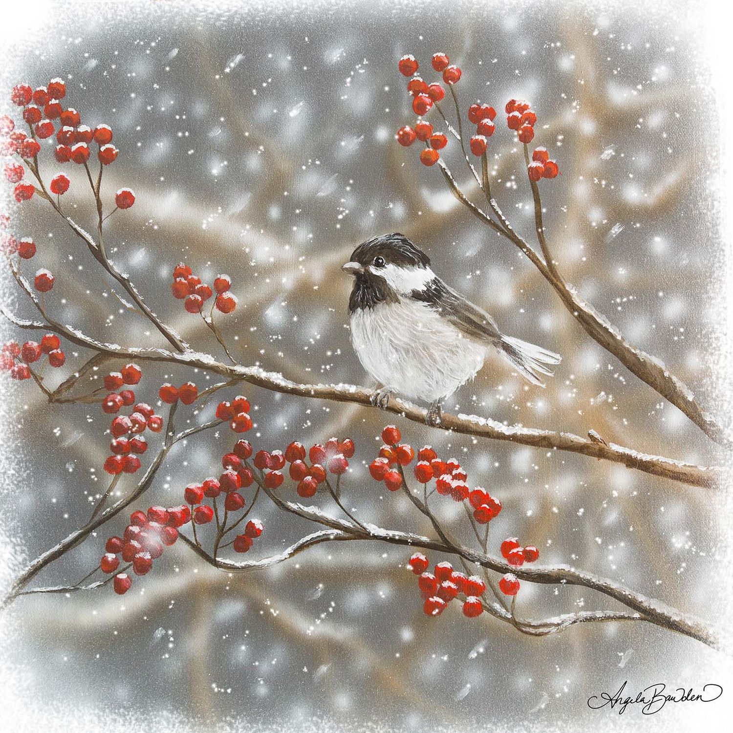 Snowberry Bird Chickadee 2  Original painting
