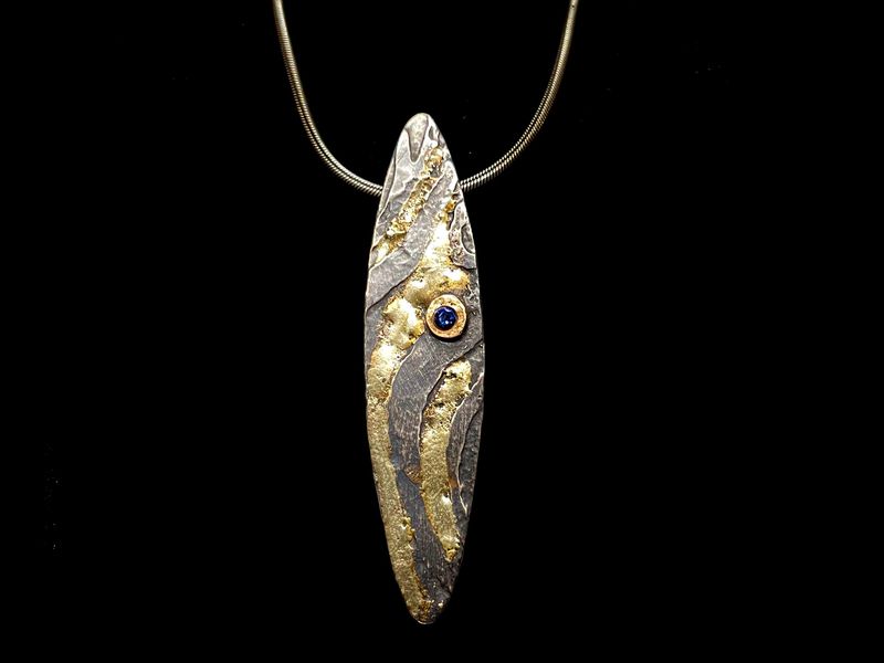 Atlantis-Necklace, sterling silver pendant, 18K gold, blue sapphire,14K gold