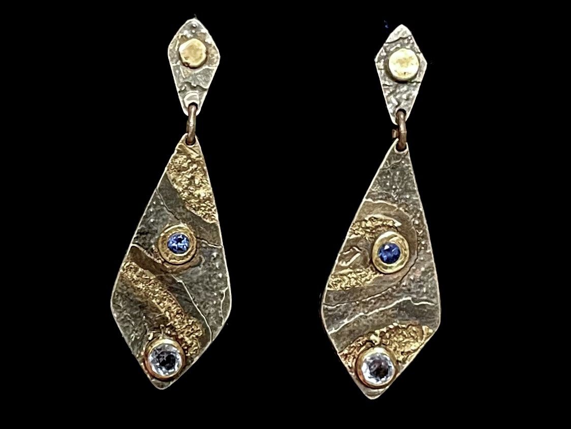 Iris-Earrings, SS, 18K Gold,14K Gold, blue sapphires, Aquamarine