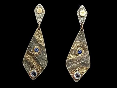 Iris-Earrings, SS, 18K Gold,14K Gold, blue sapphires, Aquamarine