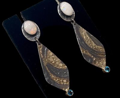 Midnight Sun-Earrings, SS, 18K Gold, 14K Gold, Australian Blue Opals, Topaz